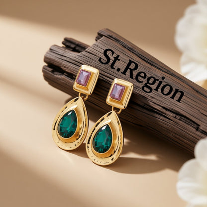 Crystal and 18K Gold-Plated Teardrop Earring, gold drop earrings for women, botanical inspired, front view