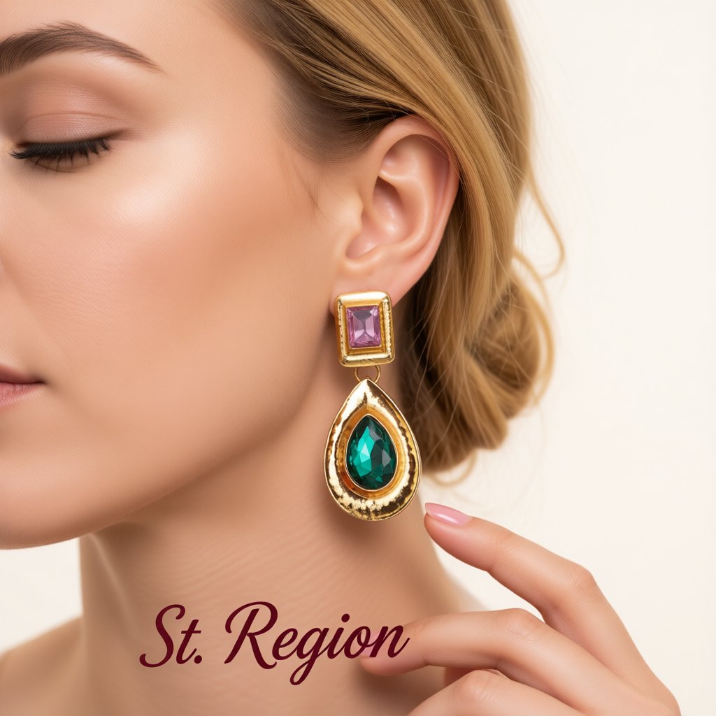 Crystal and 18K Gold-Plated Teardrop Earring, gold drop earrings for women, botanical inspired, styled look