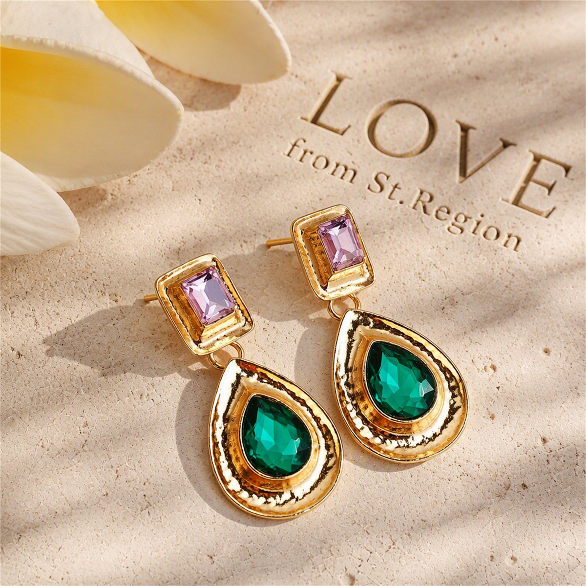 Crystal and 18K Gold-Plated Teardrop Earring, gold drop earrings for women, botanical inspired, lifestyle look