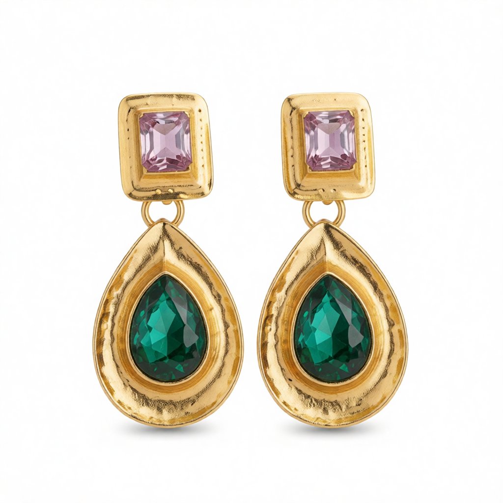 Crystal and 18K Gold-Plated Teardrop Earring, gold drop earrings for women, botanical inspired, side view