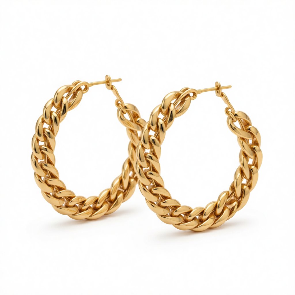 18K Gold-Plated Figaro Hoop Earring, gold hoop earrings for women, vintage-inspired design, side view