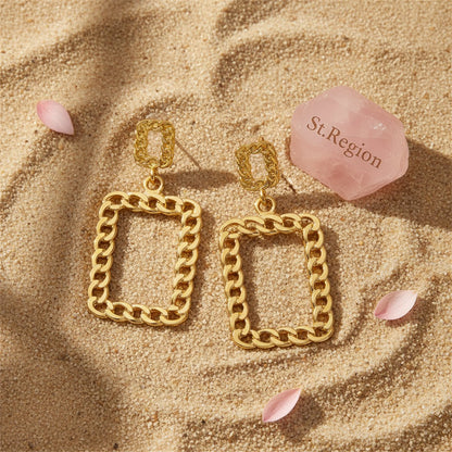 18K Gold-Plated Open Figaro Rectangle Drop Earring, gold drop earrings for women, everyday style, detail close-up