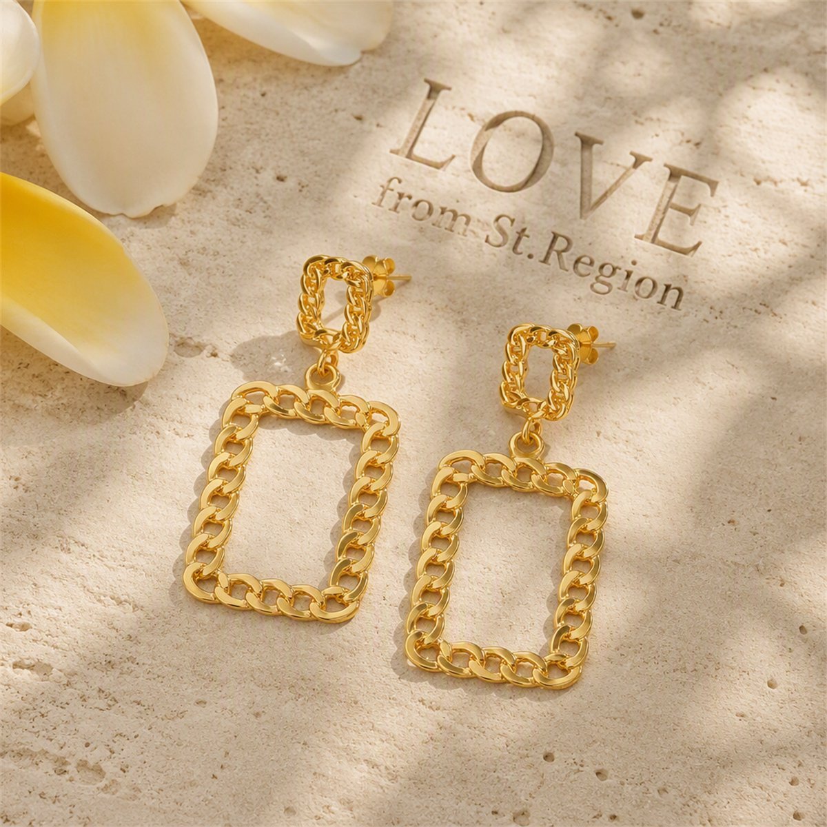 18K Gold-Plated Open Figaro Rectangle Drop Earring, gold drop earrings for women, everyday style, lifestyle look