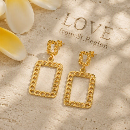 18K Gold-Plated Open Figaro Rectangle Drop Earring, gold drop earrings for women, everyday style, lifestyle look