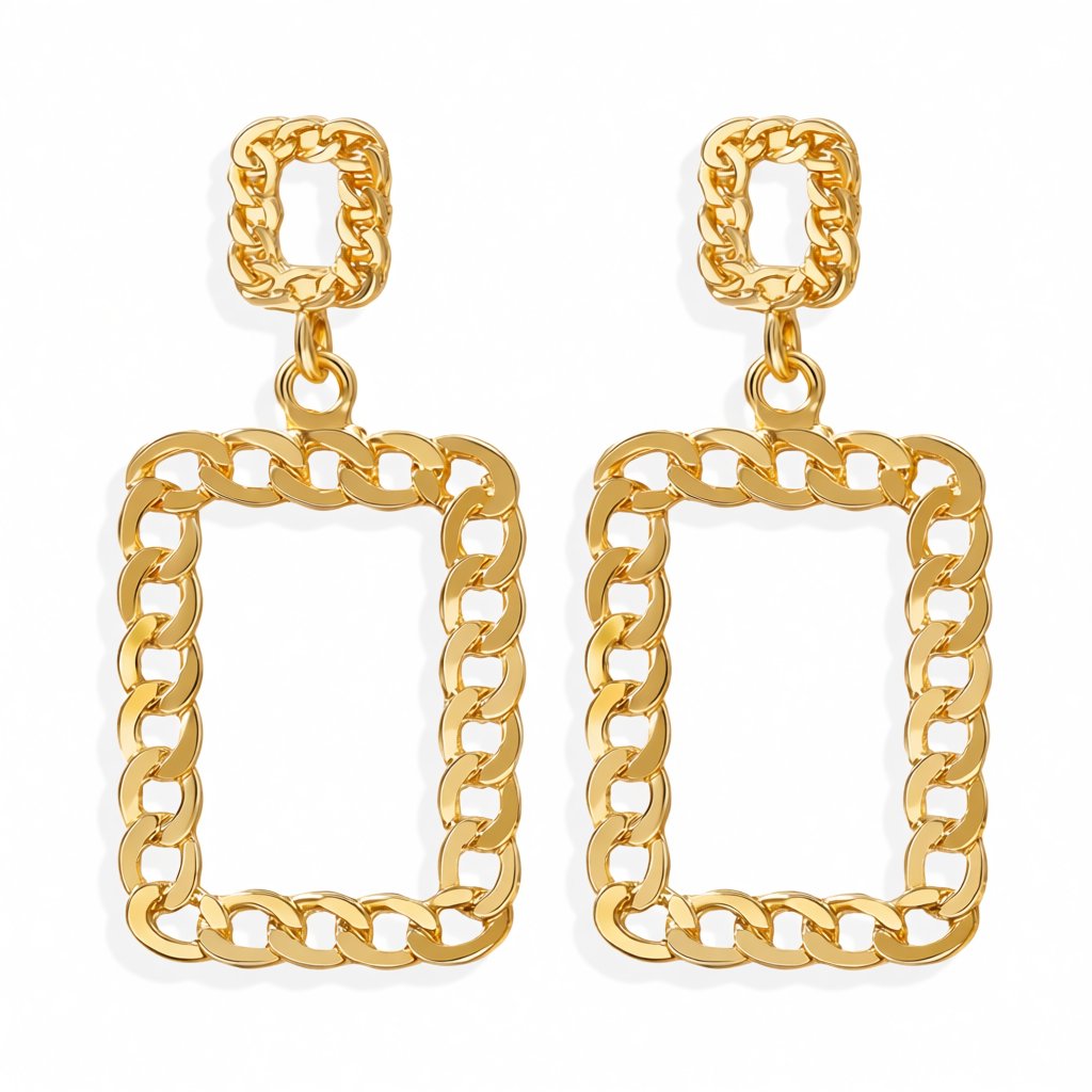 18K Gold-Plated Open Figaro Rectangle Drop Earring, gold drop earrings for women, everyday style, side view