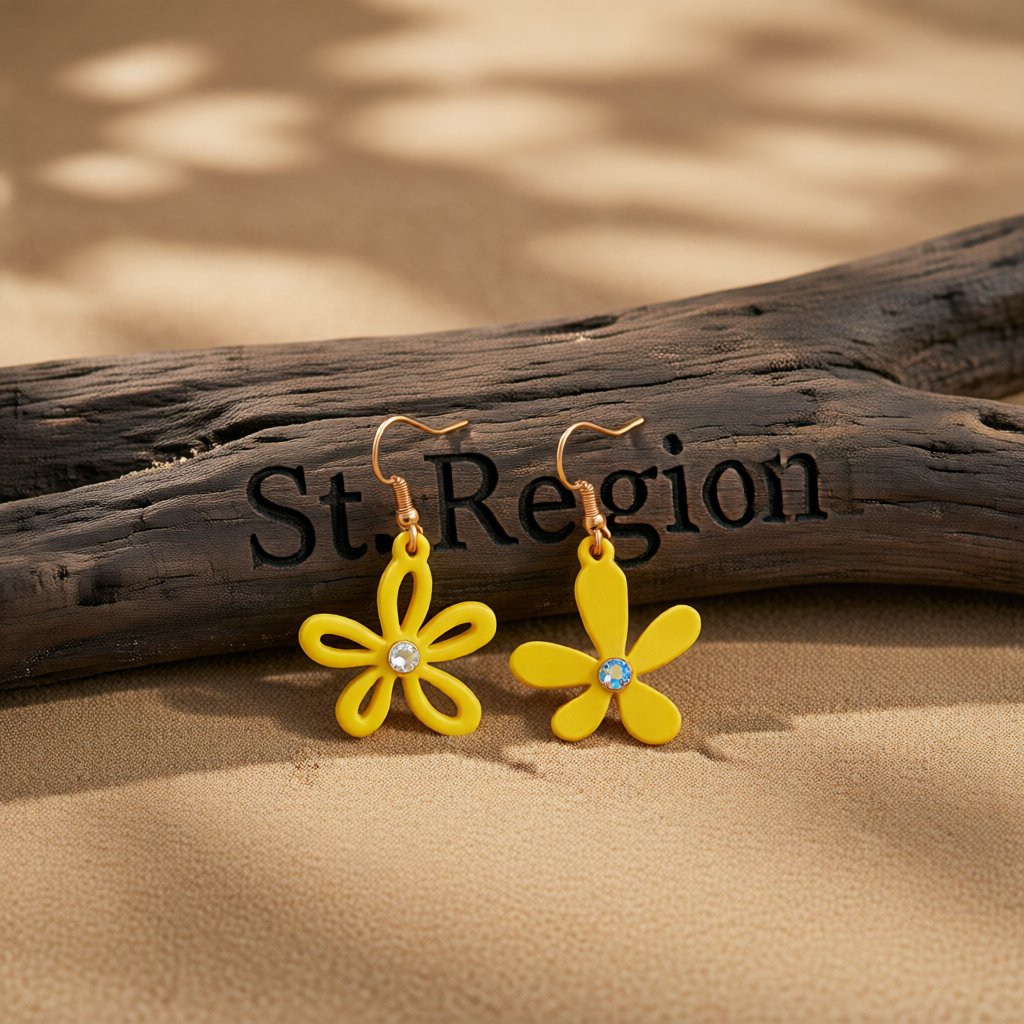 Yellow Acrylic and Cubic Zirconia 18K Gold-Plated Flower Drop Earrings, gold drop earrings for women, front view