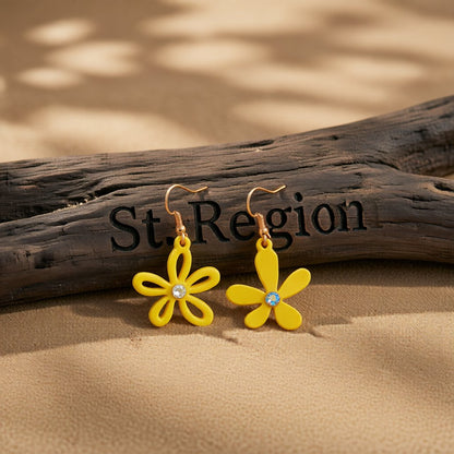 Yellow Acrylic and Cubic Zirconia 18K Gold-Plated Flower Drop Earrings, gold drop earrings for women, front view