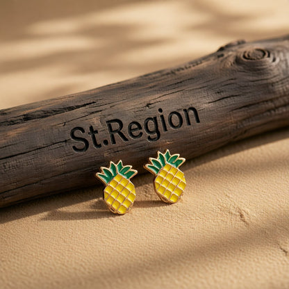 Yellow and Green Enamel Pineapple Stud Earrings, cubic zirconia stud earrings for women, dainty minimalist design, front view