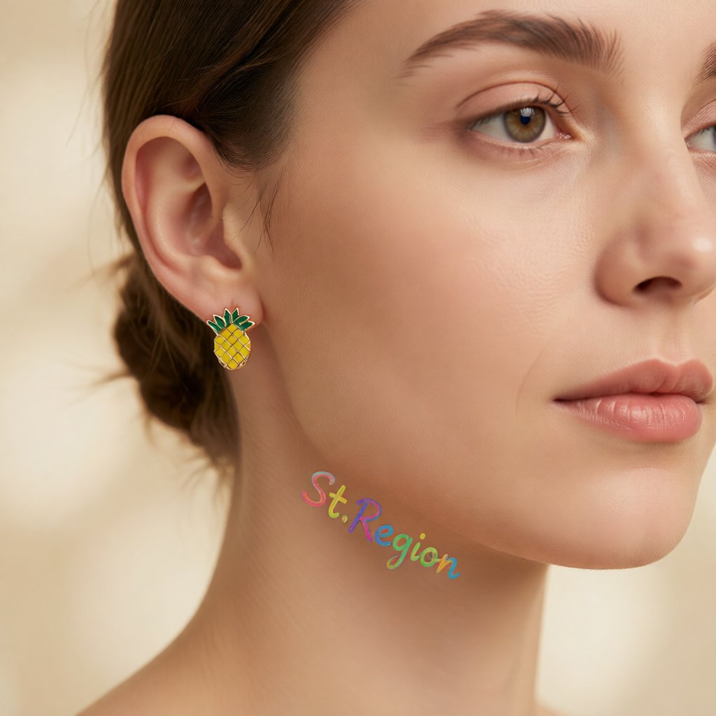 Yellow and Green Enamel Pineapple Stud Earrings, cubic zirconia stud earrings for women, styled look