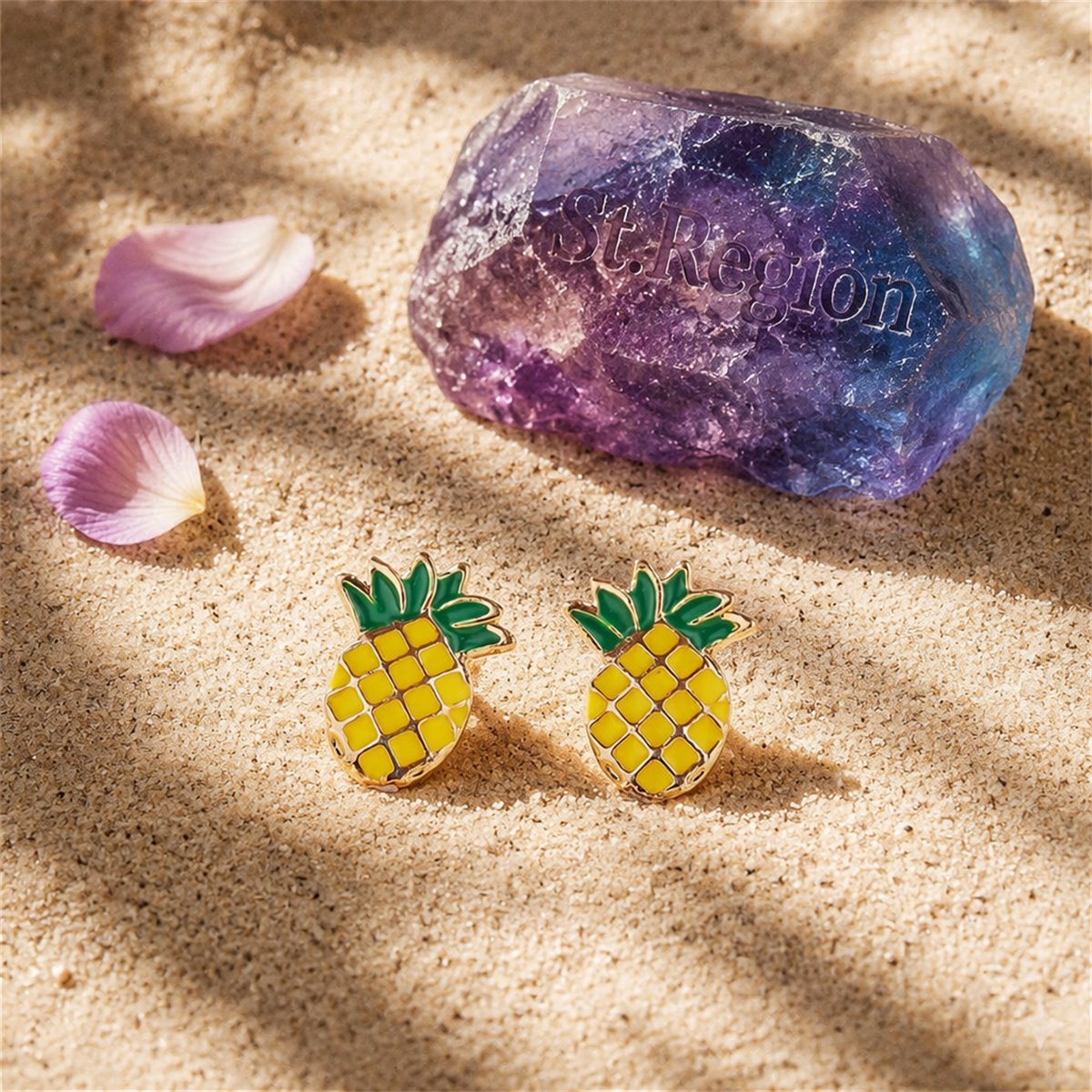 Yellow and Green Enamel Pineapple Stud Earrings, cubic zirconia stud earrings for women, detail close-up