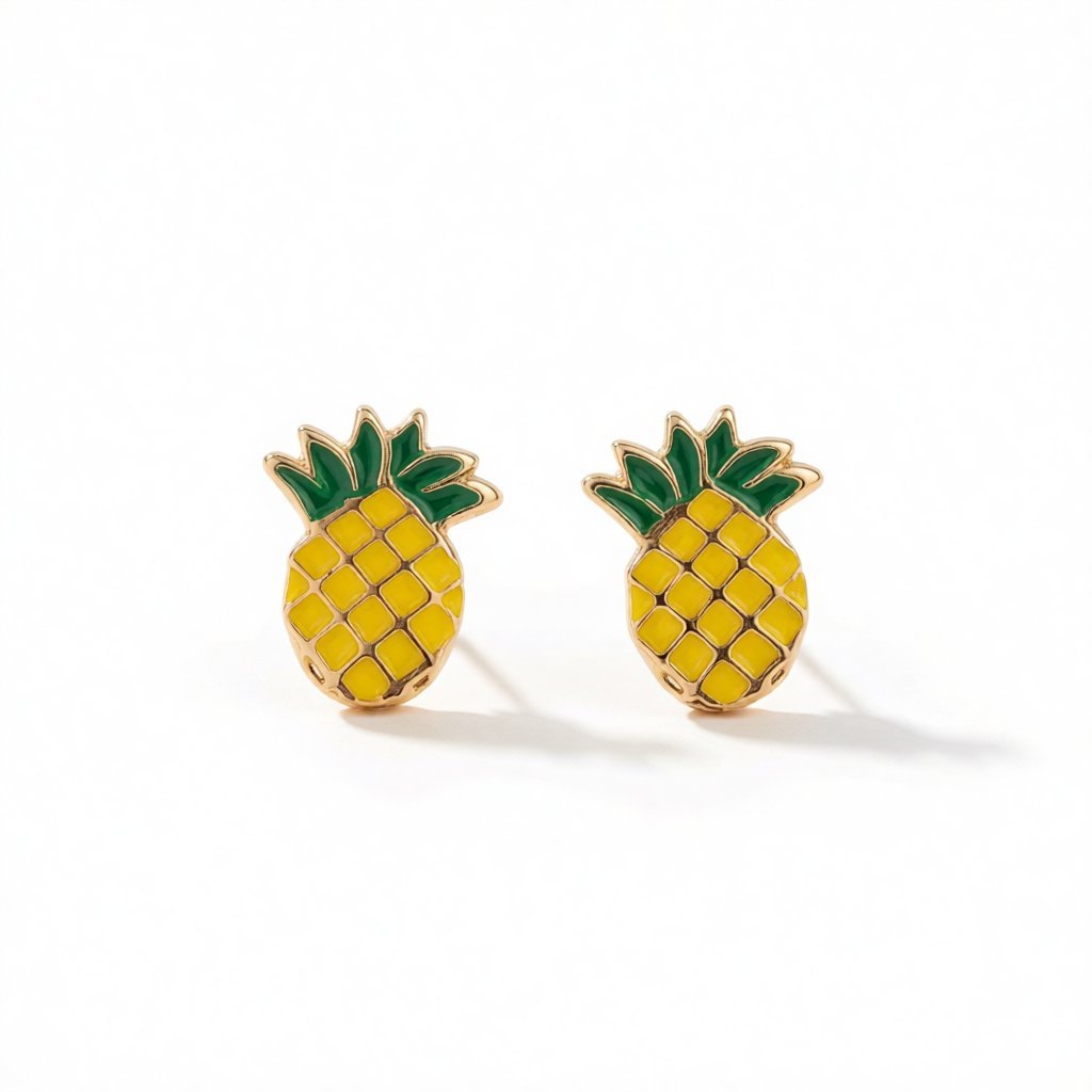 Yellow and Green Enamel Pineapple Stud Earrings, cubic zirconia stud earrings for women, dainty minimalist design, side view