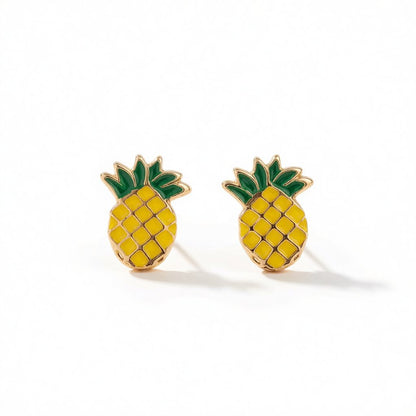 Yellow and Green Enamel Pineapple Stud Earrings, cubic zirconia stud earrings for women, dainty minimalist design, side view