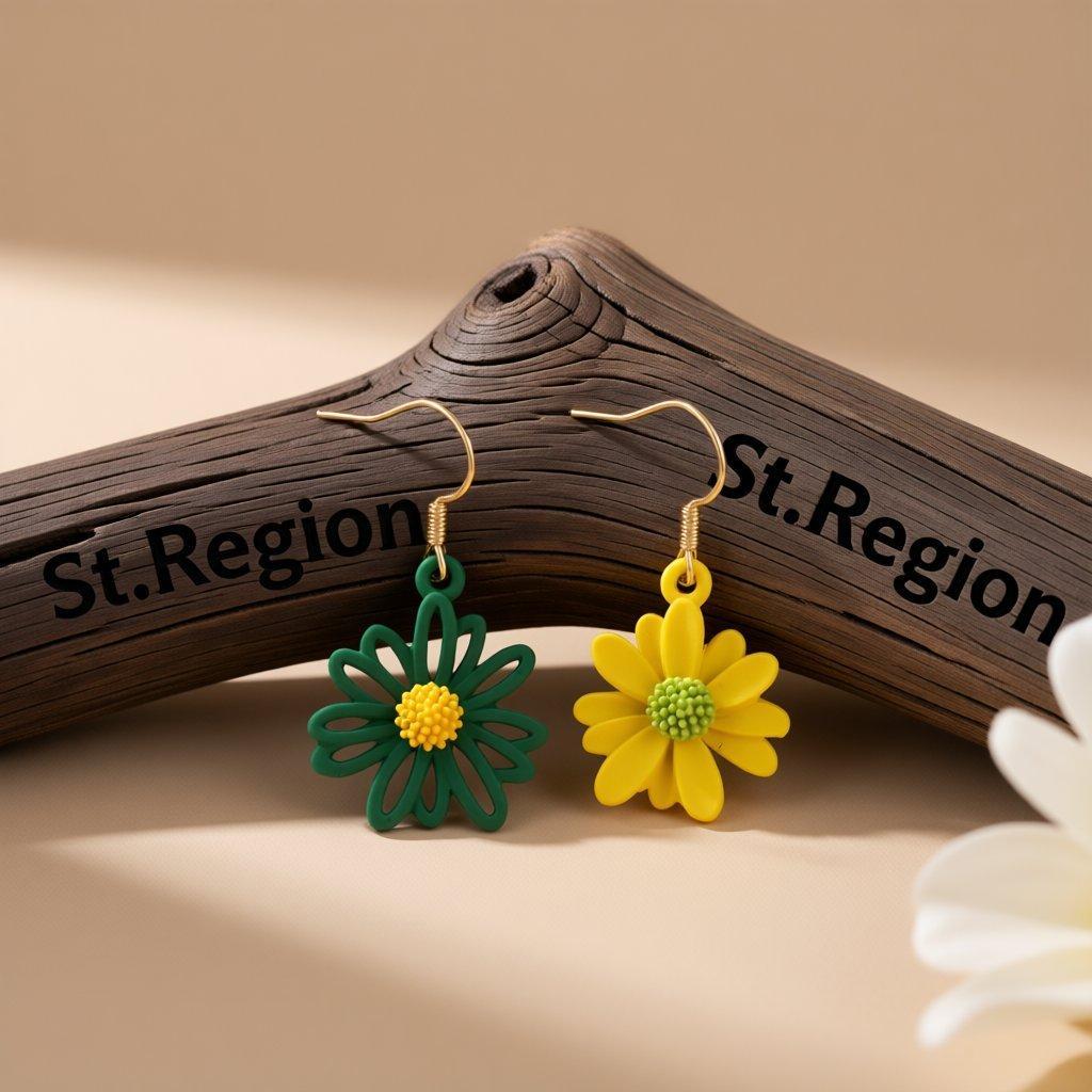Green and Yellow Flower Drop Earrings, drop earrings for women, botanical inspired, front view