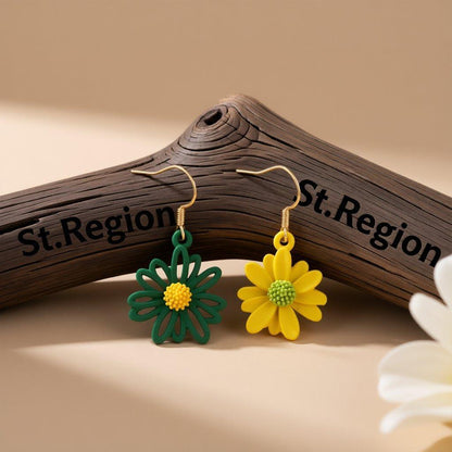 Green and Yellow Flower Drop Earrings, drop earrings for women, botanical inspired, front view