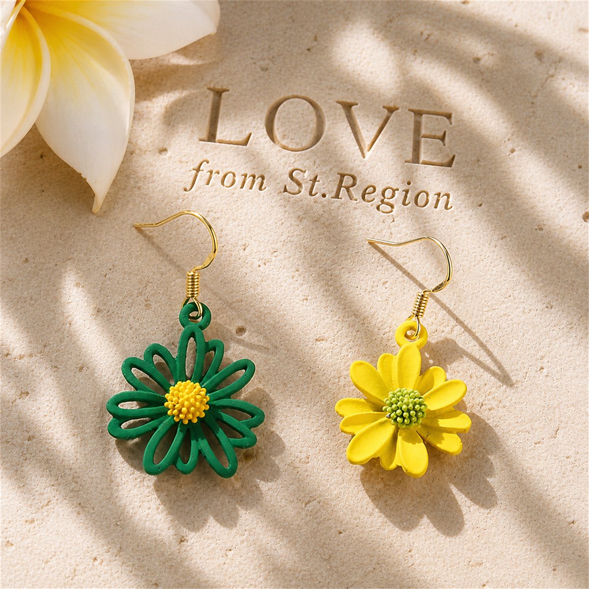 Green and Yellow Flower Drop Earrings, drop earrings for women, botanical inspired, lifestyle look