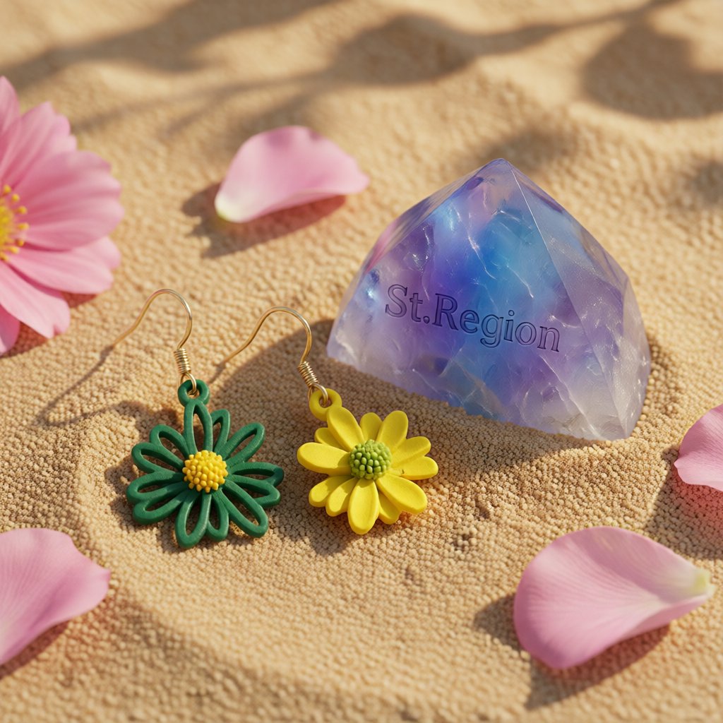 Green and Yellow Flower Drop Earrings, drop earrings for women, botanical inspired, detail close-up