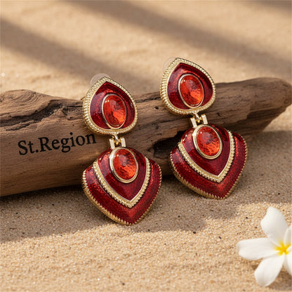Red Crystal and Enamel 18K Gold-Plated Heart Drop Earrings, gold drop earrings for women, vintage-inspired design, front view