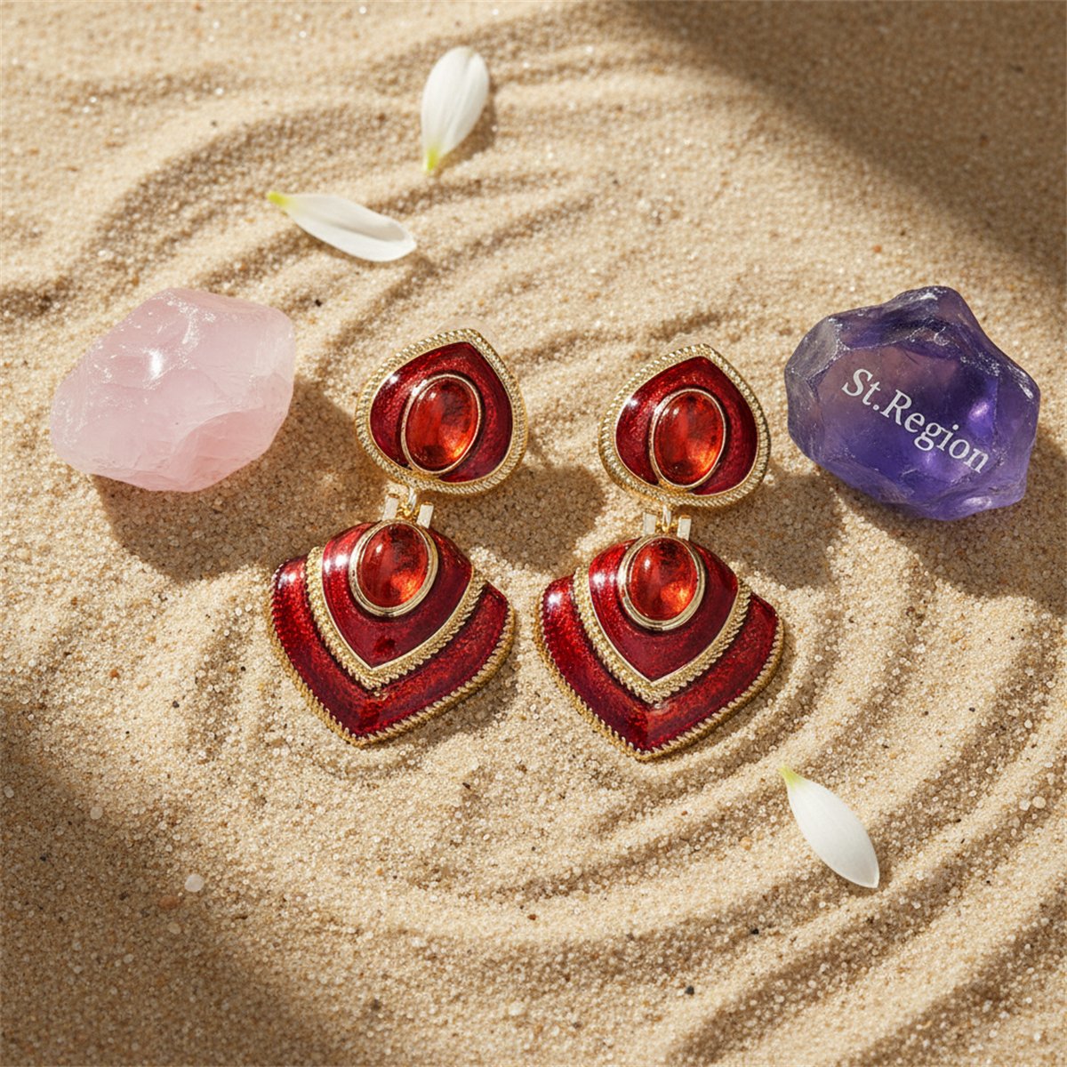 Red Crystal and Enamel 18K Gold-Plated Heart Drop Earrings, gold drop earrings for women, detail close-up