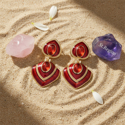 Red Crystal and Enamel 18K Gold-Plated Heart Drop Earrings, gold drop earrings for women, detail close-up
