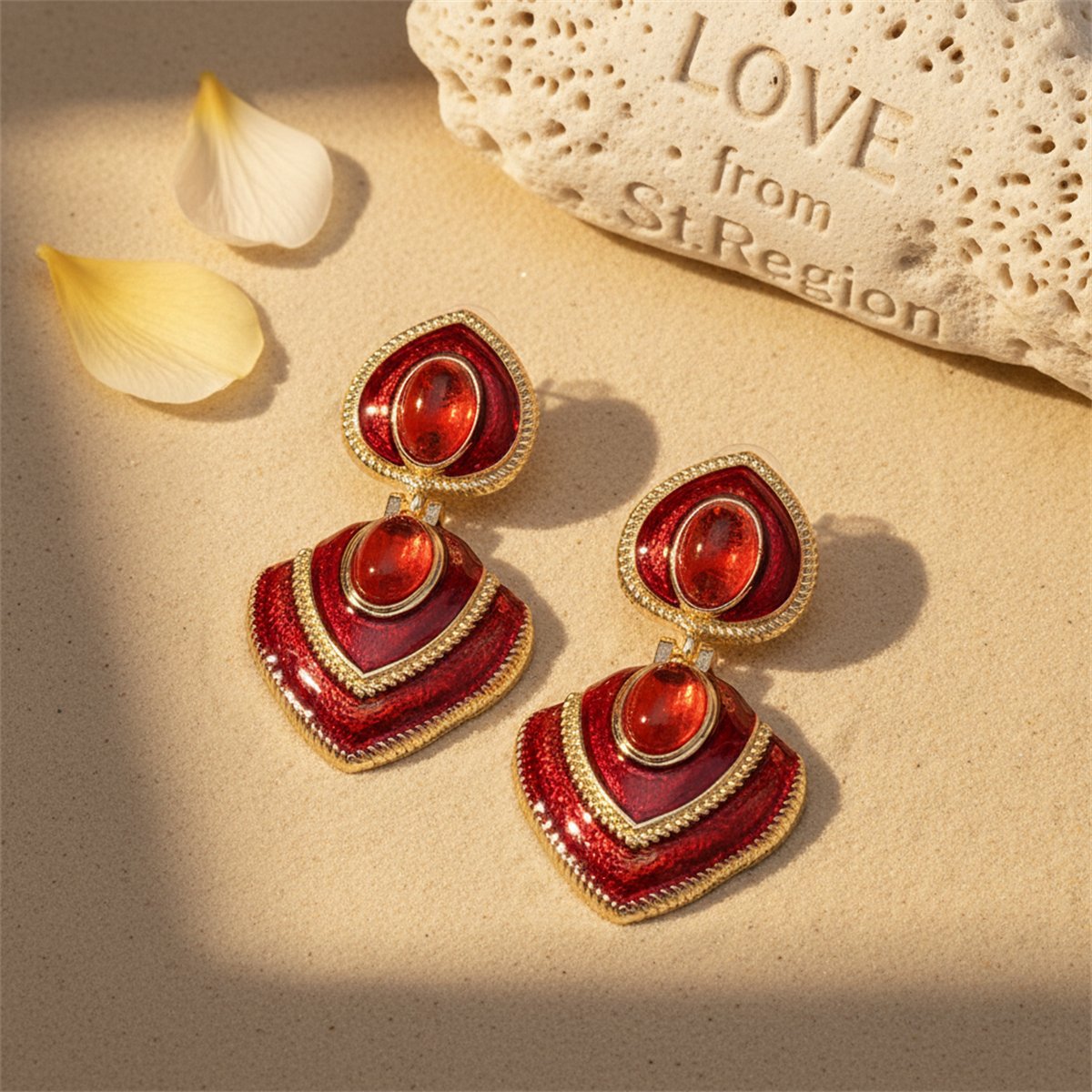 Red Crystal and Enamel 18K Gold-Plated Heart Drop Earrings, gold drop earrings for women, lifestyle look