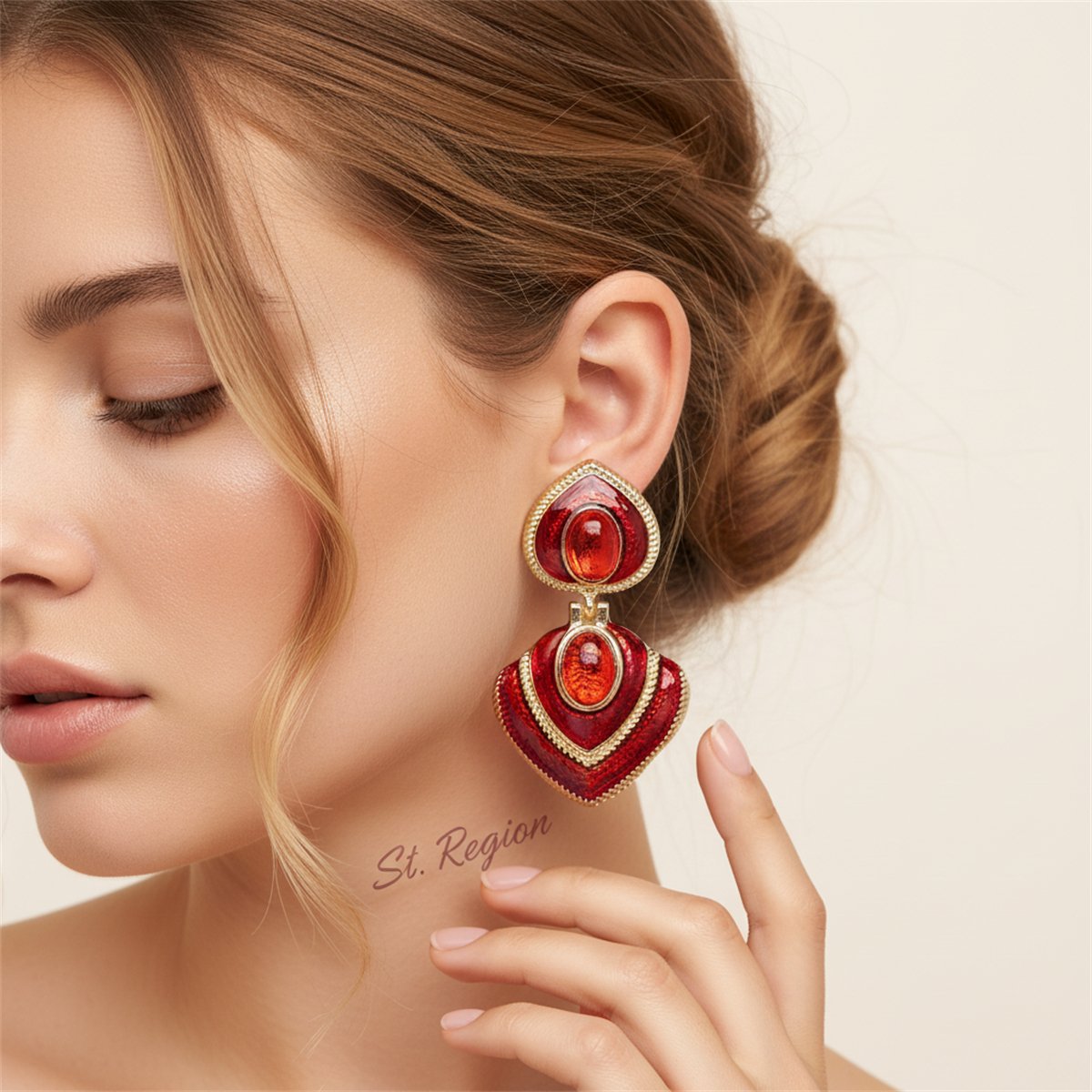 Red Crystal and Enamel 18K Gold-Plated Heart Drop Earrings, gold drop earrings for women, styled look