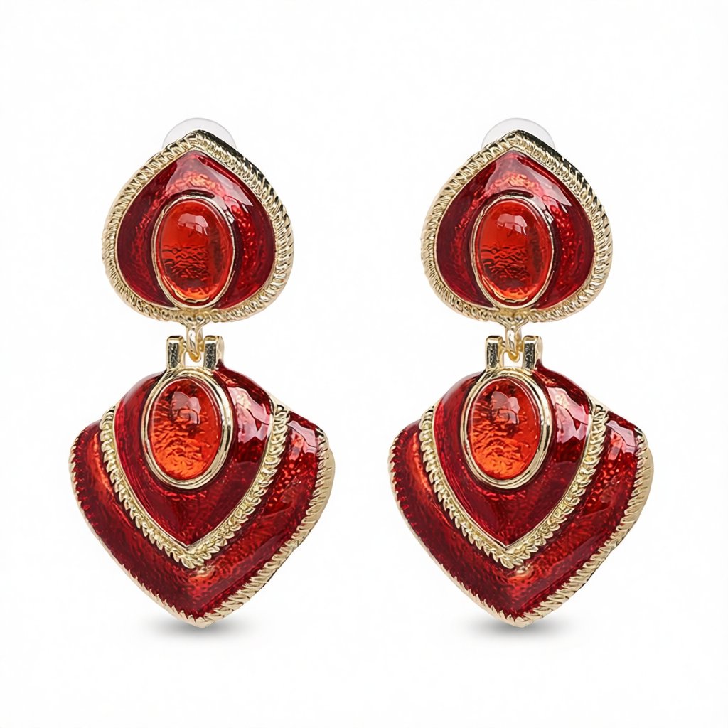 Red Crystal and Enamel 18K Gold-Plated Heart Drop Earrings, gold drop earrings for women, vintage-inspired design, side view