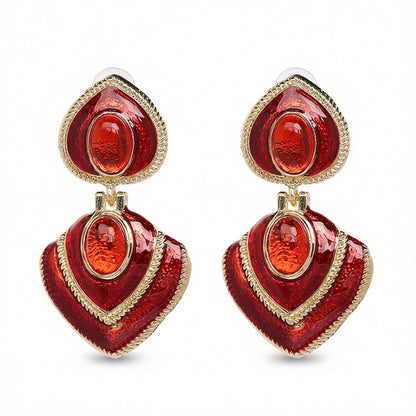Red Crystal and Enamel 18K Gold-Plated Heart Drop Earrings, gold drop earrings for women, vintage-inspired design, side view