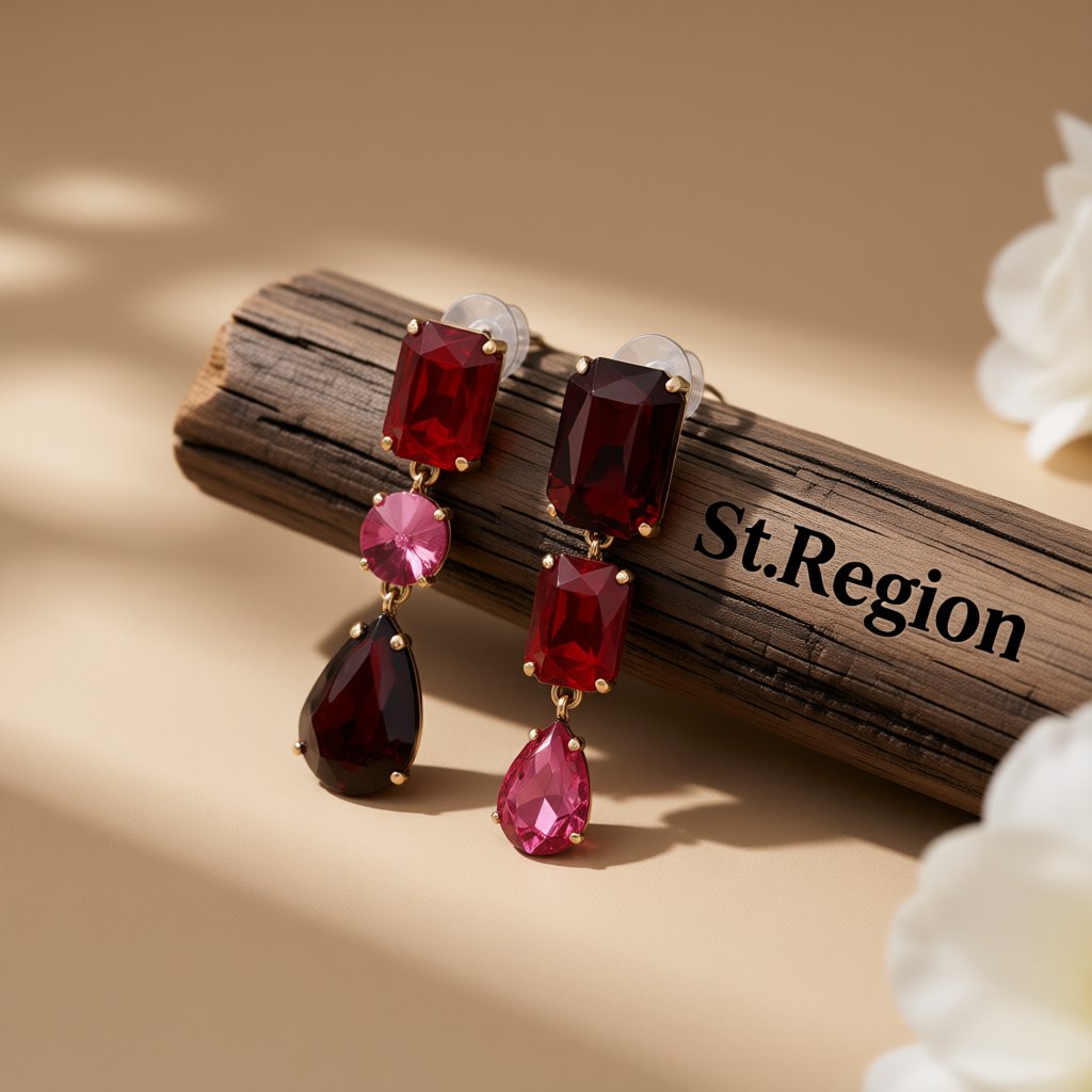 Red and Pink Crystal Drop Earrings, drop earrings for women, everyday style, front view