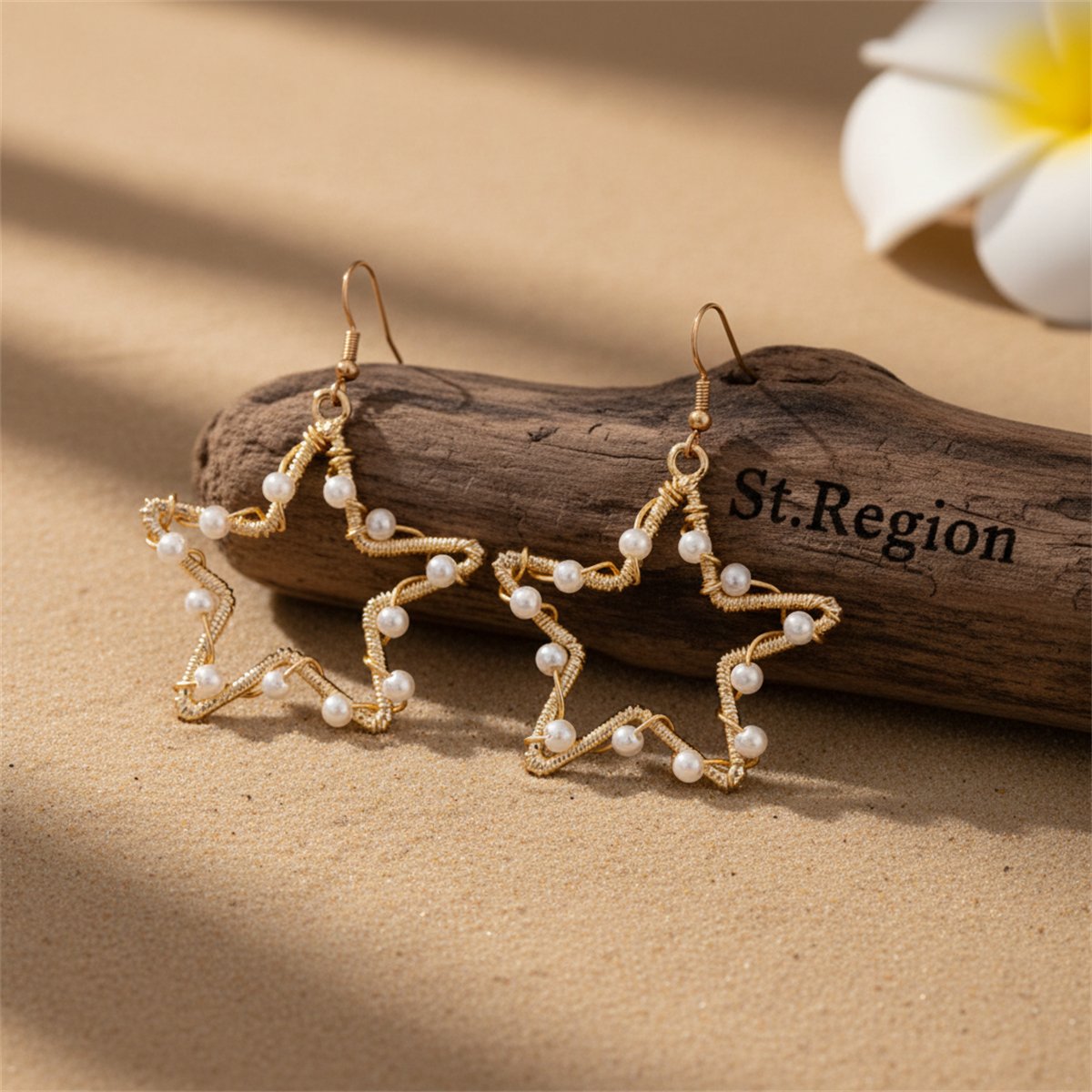 Pearl and 18K Gold-Plated Open Star Drop Earrings, gold drop earrings for women, vintage-inspired design, front view