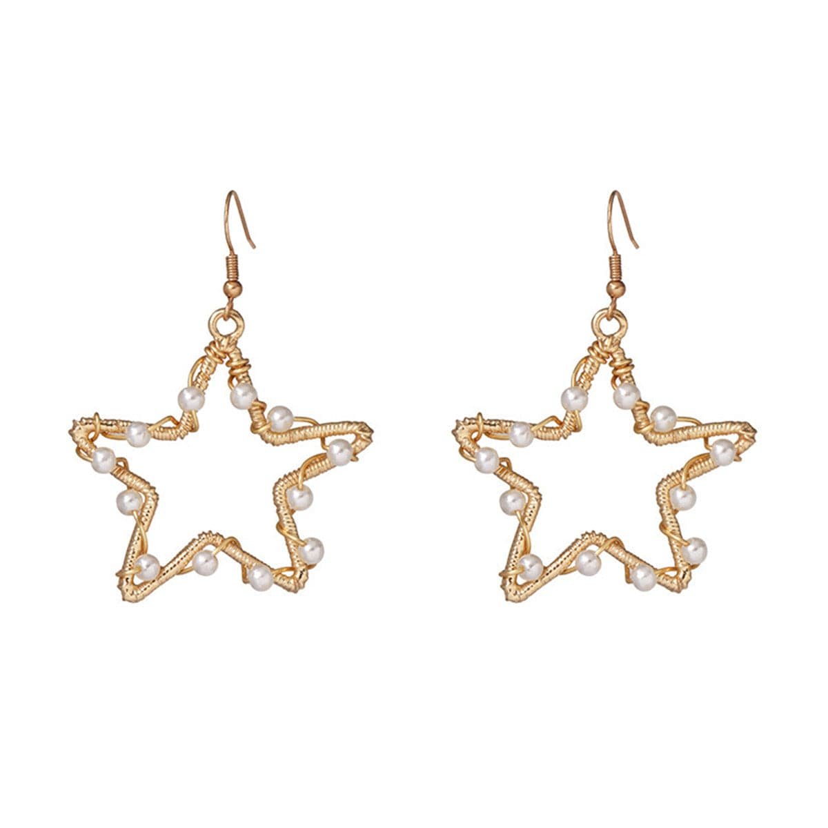 Pearl and 18K Gold-Plated Open Star Drop Earrings, gold drop earrings for women, vintage-inspired design, side view