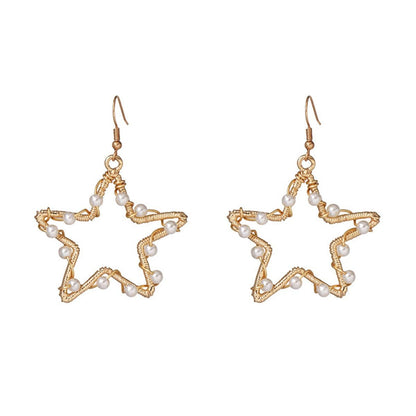 Pearl and 18K Gold-Plated Open Star Drop Earrings, gold drop earrings for women, vintage-inspired design, side view