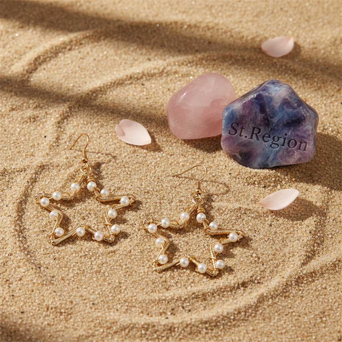 Pearl and 18K Gold-Plated Open Star Drop Earrings, gold drop earrings for women, vintage-inspired design, detail close-up