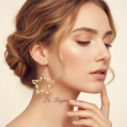Pearl and 18K Gold-Plated Open Star Drop Earrings, gold drop earrings for women, vintage-inspired design, styled look