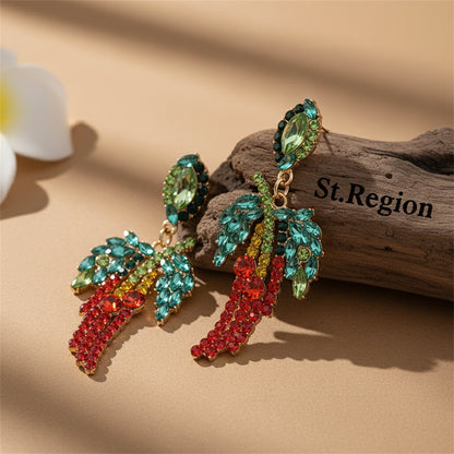 Red Cubic Zirconia and Crystal 18K Gold-Plated Chili Pepper Drop Earrings, gold drop earrings for women, front view