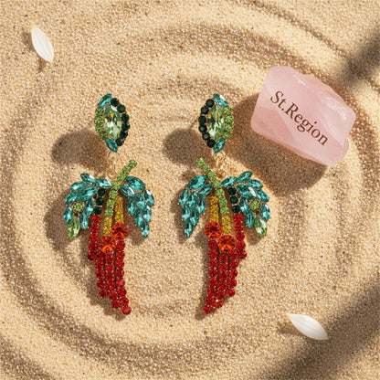Red Cubic Zirconia and Crystal 18K Gold-Plated Chili Pepper Drop Earrings, gold drop earrings for women, detail close-up