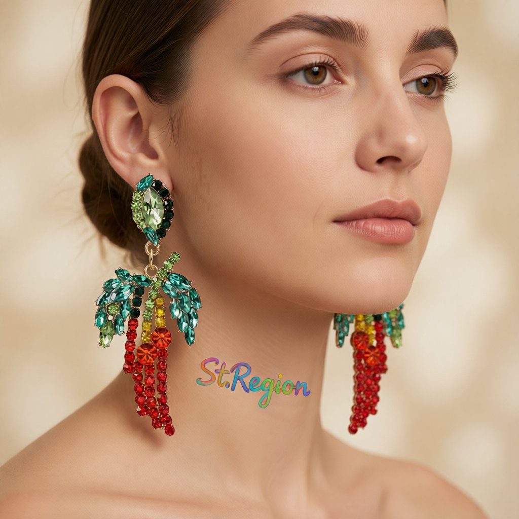 Red Cubic Zirconia and Crystal 18K Gold-Plated Chili Pepper Drop Earrings, gold drop earrings for women, styled look