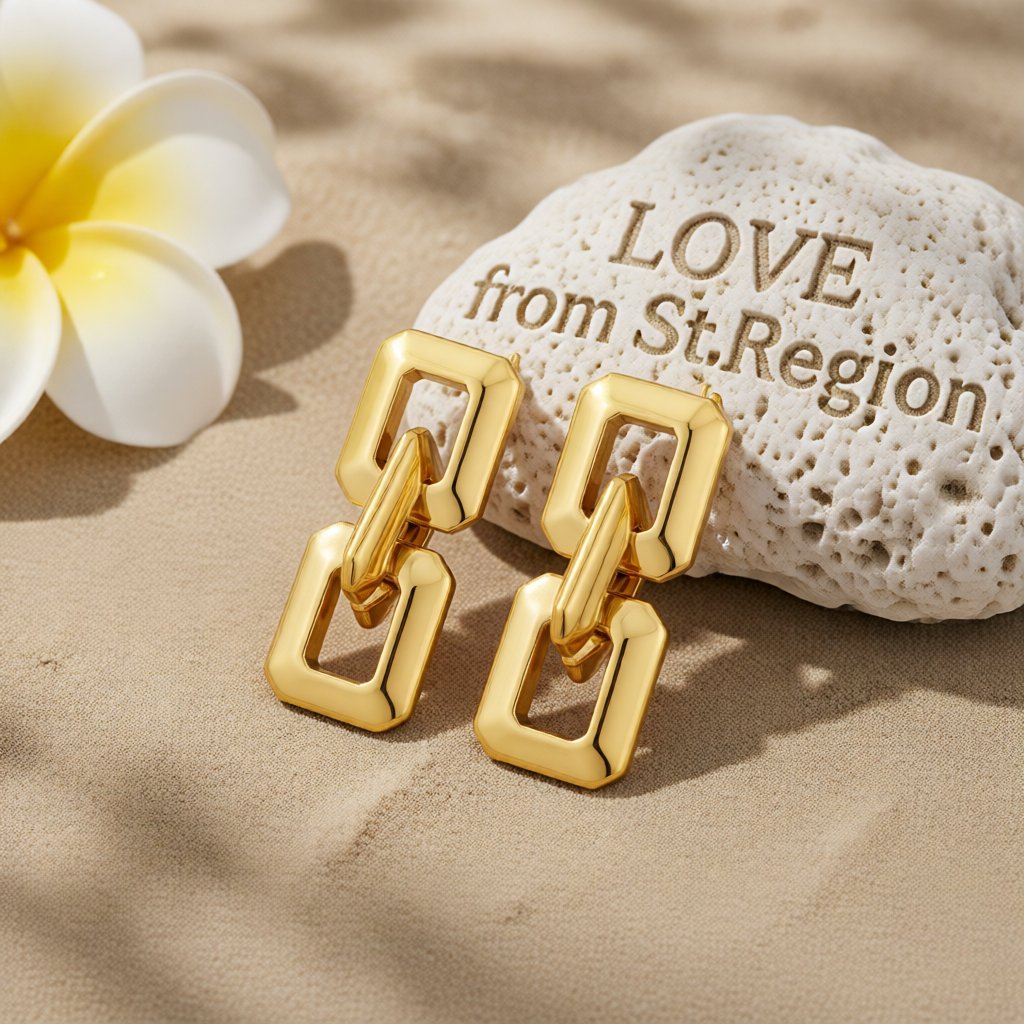 18K Gold-Plated Geometric Chain Link Drop Earrings, gold drop earrings for women, dainty minimalist design, lifestyle look