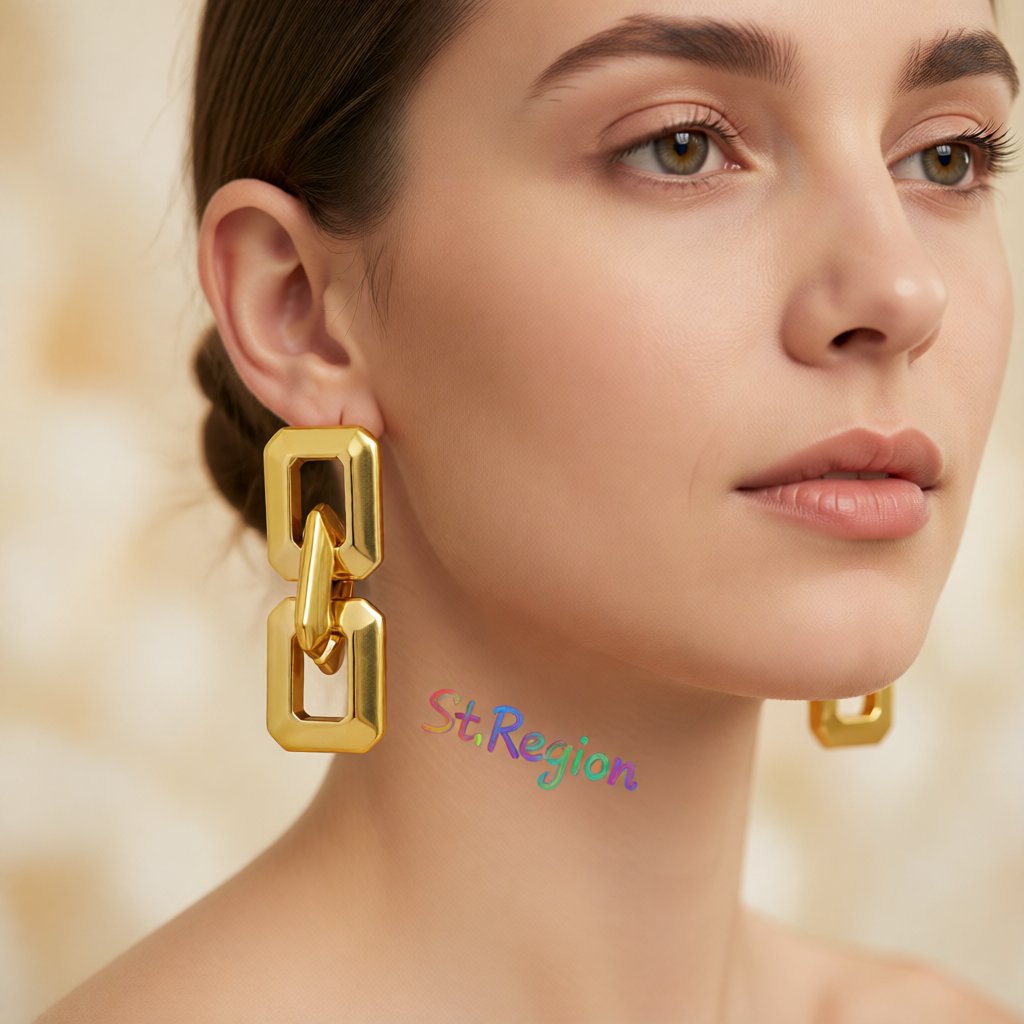 18K Gold-Plated Geometric Chain Link Drop Earrings, gold drop earrings for women, dainty minimalist design, styled look