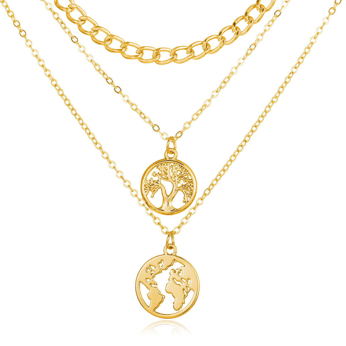 18K Gold-Plated Tree & Map Figaro Layered Choker Pendant Necklace