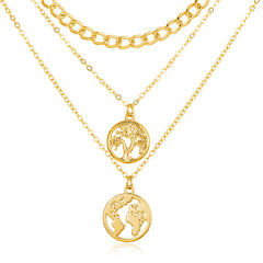 18K Gold-Plated Tree & Map Figaro Layered Choker Pendant Necklace