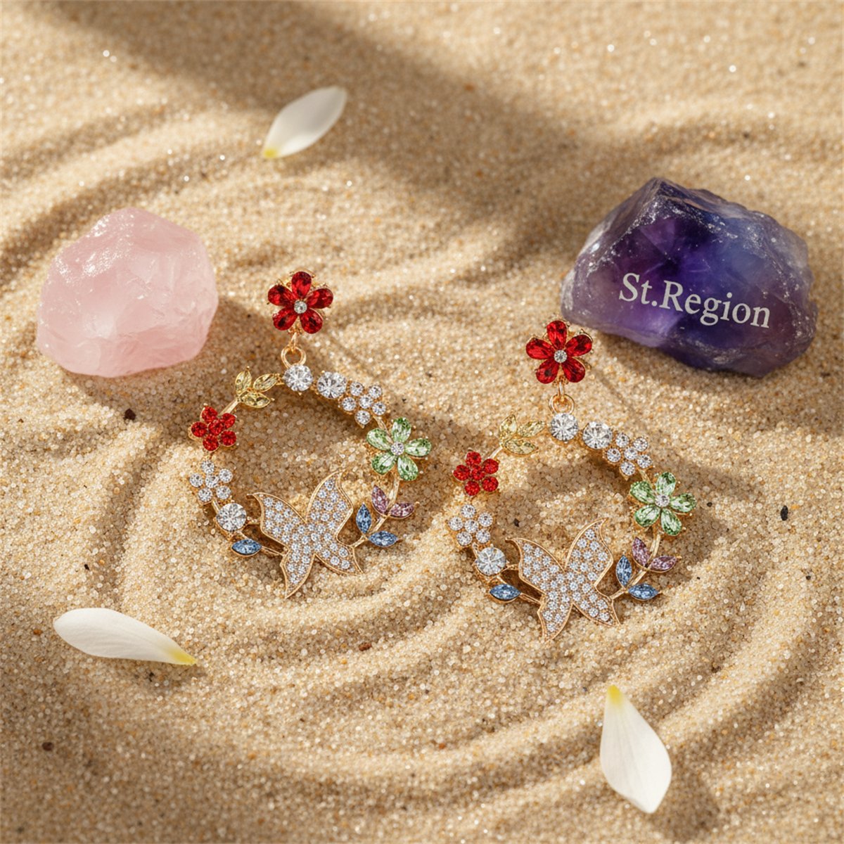 Red Crystal and Cubic Zirconia Floral Butterfly Drop Earrings, drop earrings for women, detail close-up