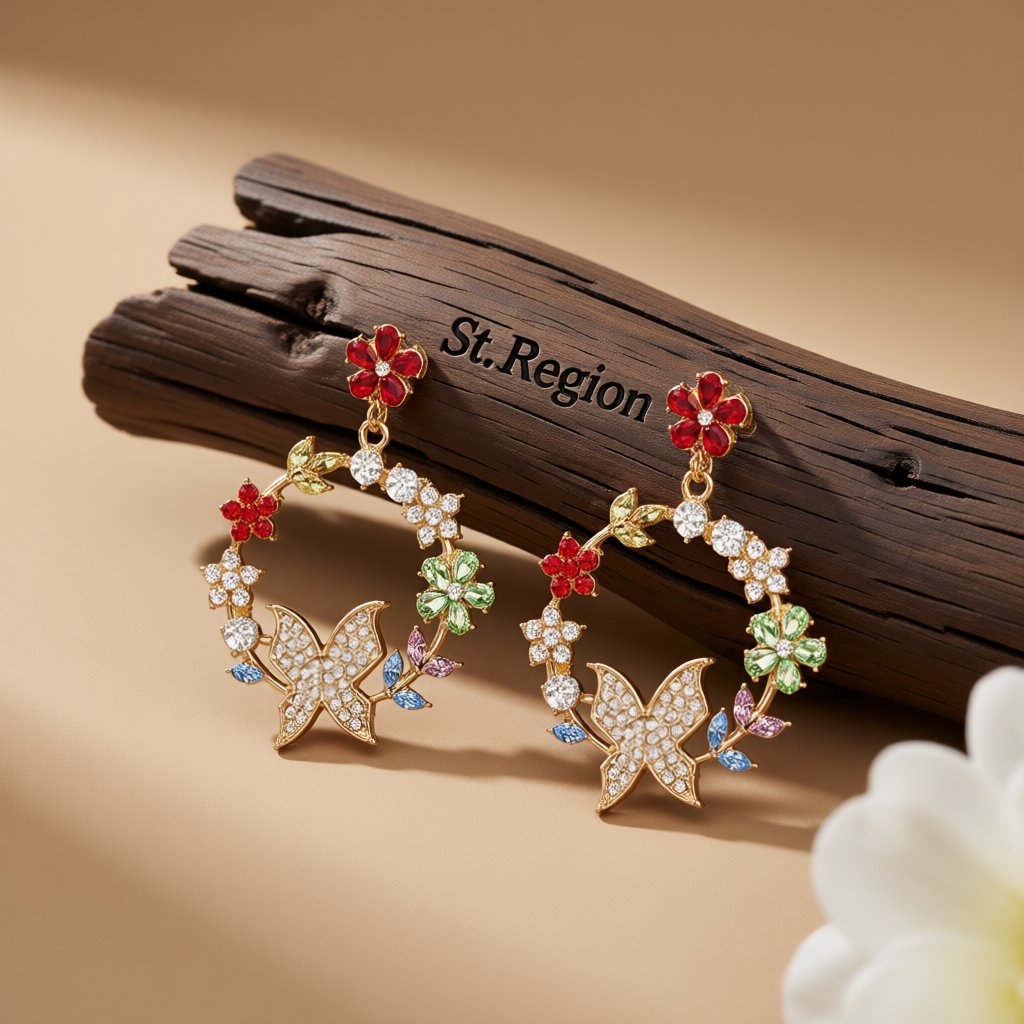 Red Crystal and Cubic Zirconia Floral Butterfly Drop Earrings, drop earrings for women, botanical inspired, front view