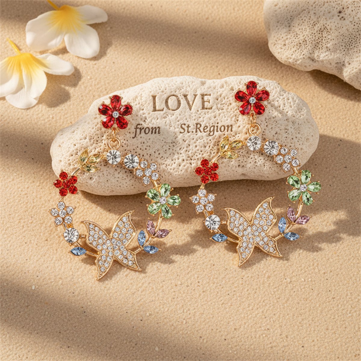 Red Crystal and Cubic Zirconia Floral Butterfly Drop Earrings, drop earrings for women, lifestyle look