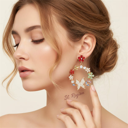 Red Crystal and Cubic Zirconia Floral Butterfly Drop Earrings, drop earrings for women, botanical inspired, styled look