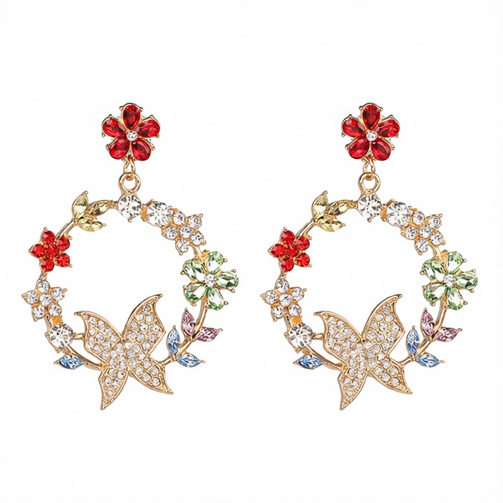 Red Crystal and Cubic Zirconia Floral Butterfly Drop Earrings, drop earrings for women, botanical inspired, side view