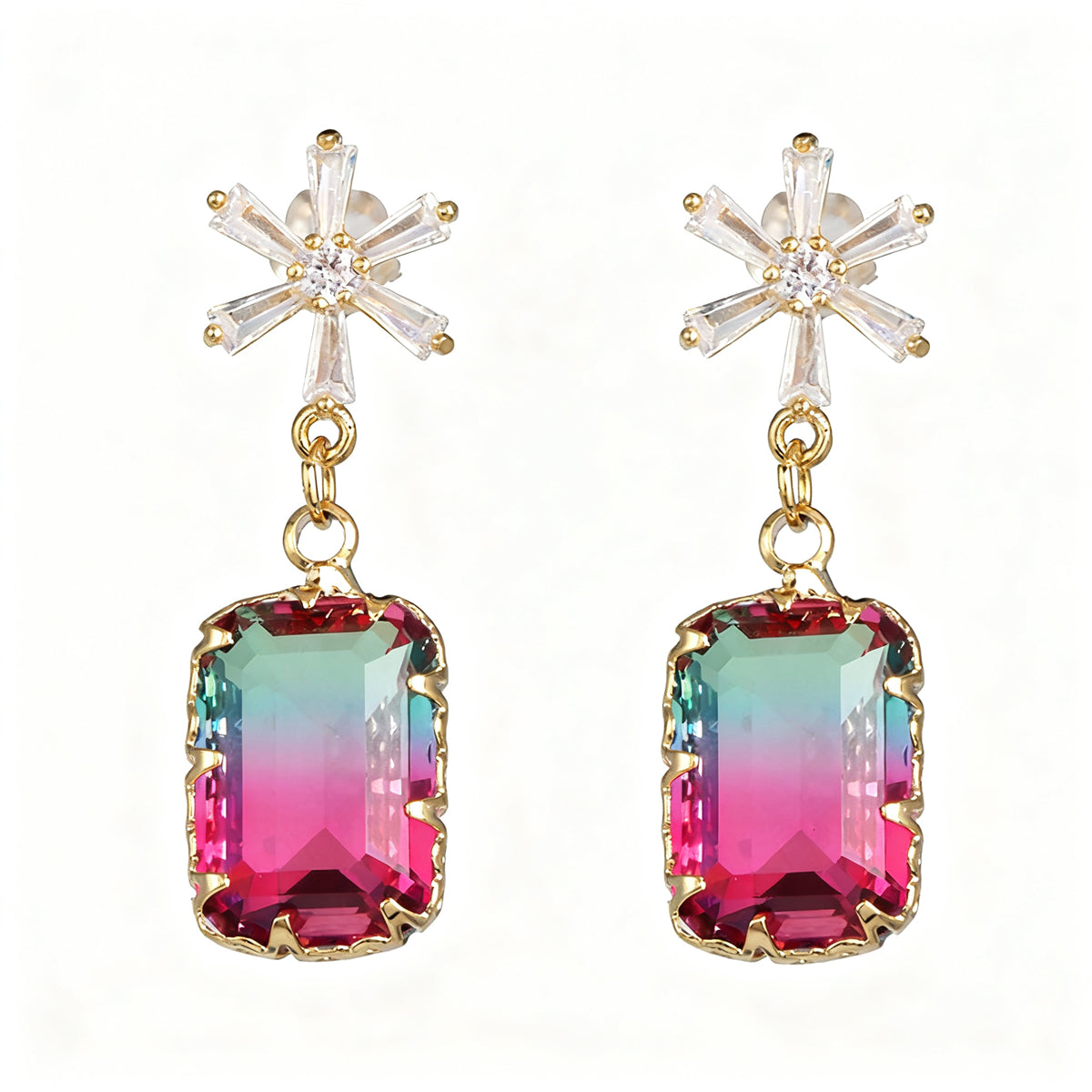 Cubic Zirconia & Pink Crystal Ombré Princess-Cut Drop Earrings