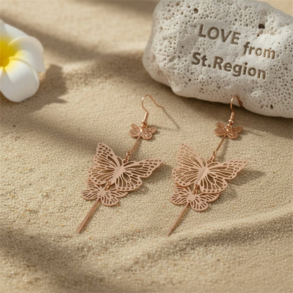 18K Gold-Plated Double Butterfly Drop Earrings, gold drop earrings for women, vintage-inspired design, lifestyle look