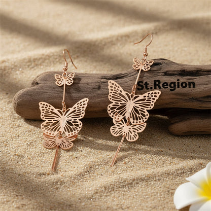 18K Gold-Plated Double Butterfly Drop Earrings, gold drop earrings for women, vintage-inspired design, front view