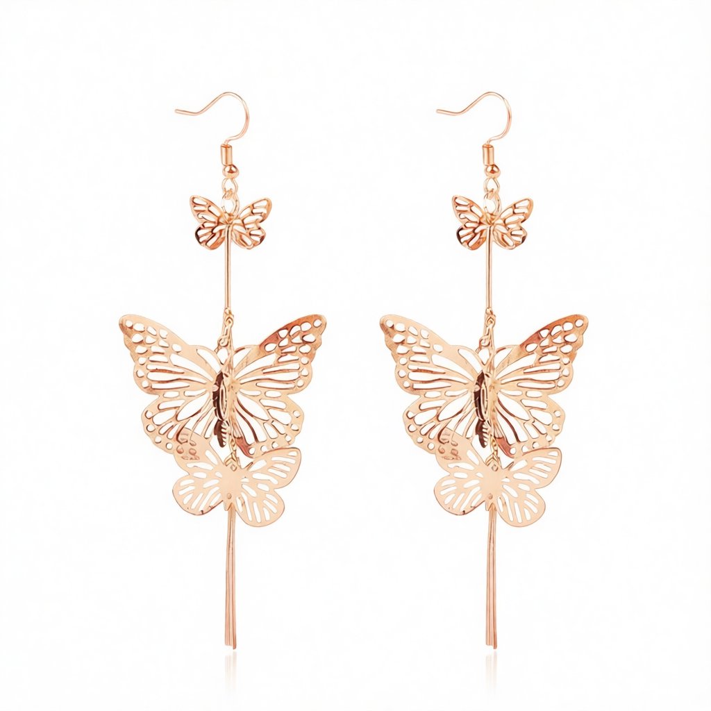 18K Gold-Plated Double Butterfly Drop Earrings, gold drop earrings for women, vintage-inspired design, side view