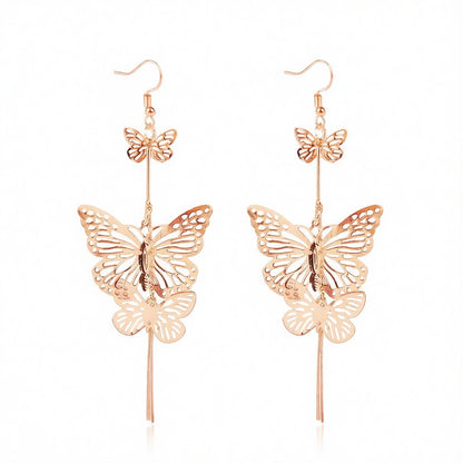 18K Gold-Plated Double Butterfly Drop Earrings, gold drop earrings for women, vintage-inspired design, side view